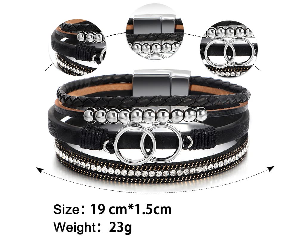 Leopard Bracelet for Women, Boho Leather Wrap Multi-Layer Pearl Crystal Bracelet Bangle Jewelry (Double Circle(Black))