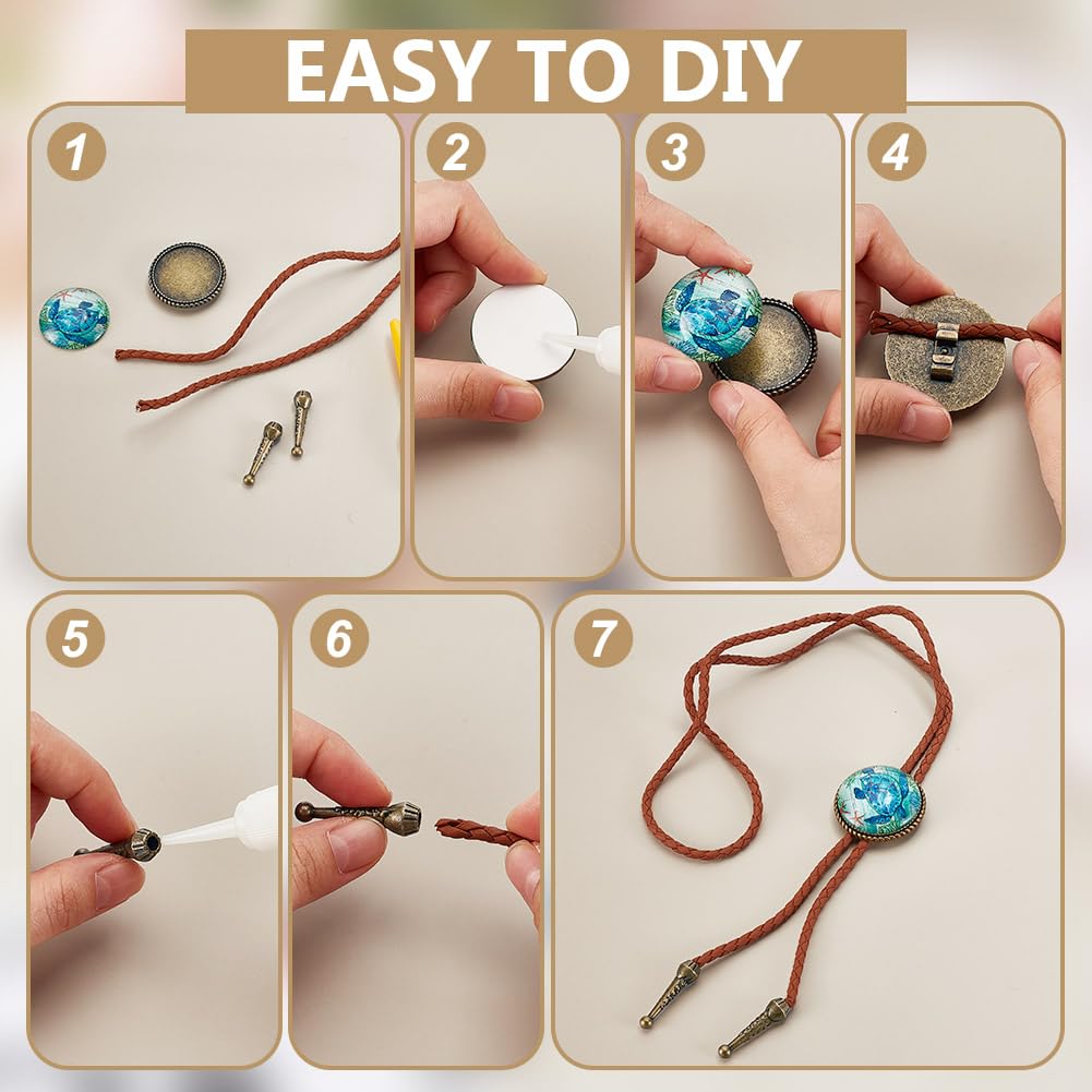 AHANDMAKER 2 Colors Bolo Tie Making Kits, 16pcs 1.28Inch Long Alloy Bolo Tie Tips Replacement End Caps, 8pcs Bolo Tie Slide Clasp Cabochon Settings, Bolo Necklace Replacement Kit for Bolo Tie Making