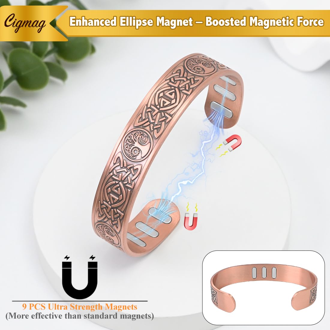Cigmag Copper Bracelet for Men, with Powerful 9X 5000 Gauss Magnets, Adjustable Solid Pure Copper (Celtic Sun Moon Life Tree)