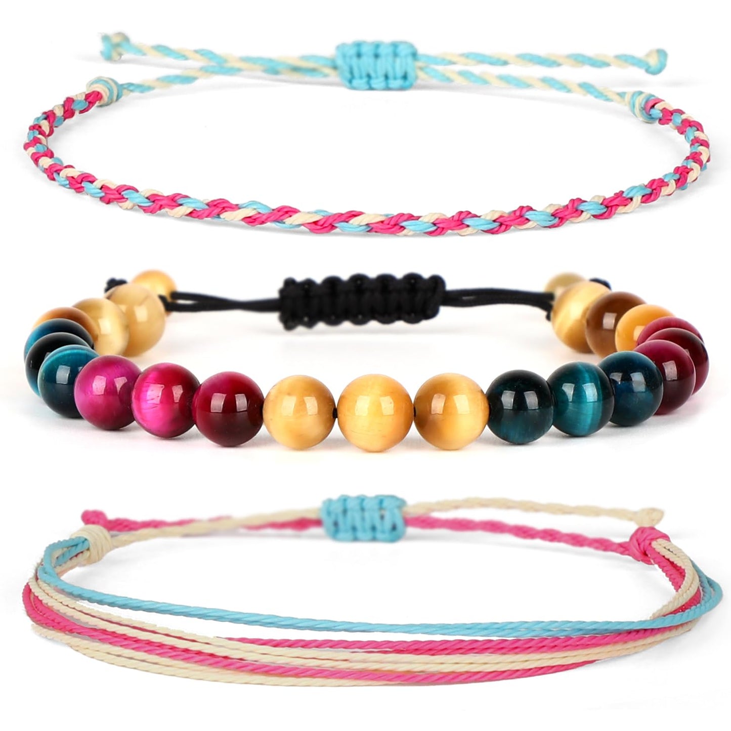 QOGIR Healthy Pregnancy Gift,8mm Natural Multi Color Tiger Eye Adjustable String Bracelet,Fertility Bracelets For Women First Time Mom