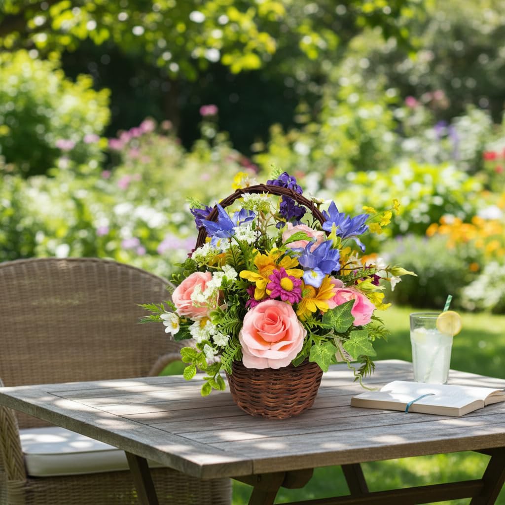 Lnymura Pre-lit Spring Summer Rose Flower Basket with Timer 13 Inch Rustic Floral Arrangement Table Centerpiece with Wildflower, Roses, Daisies and 10 Warm White LEDs for Home Kitchen Decor