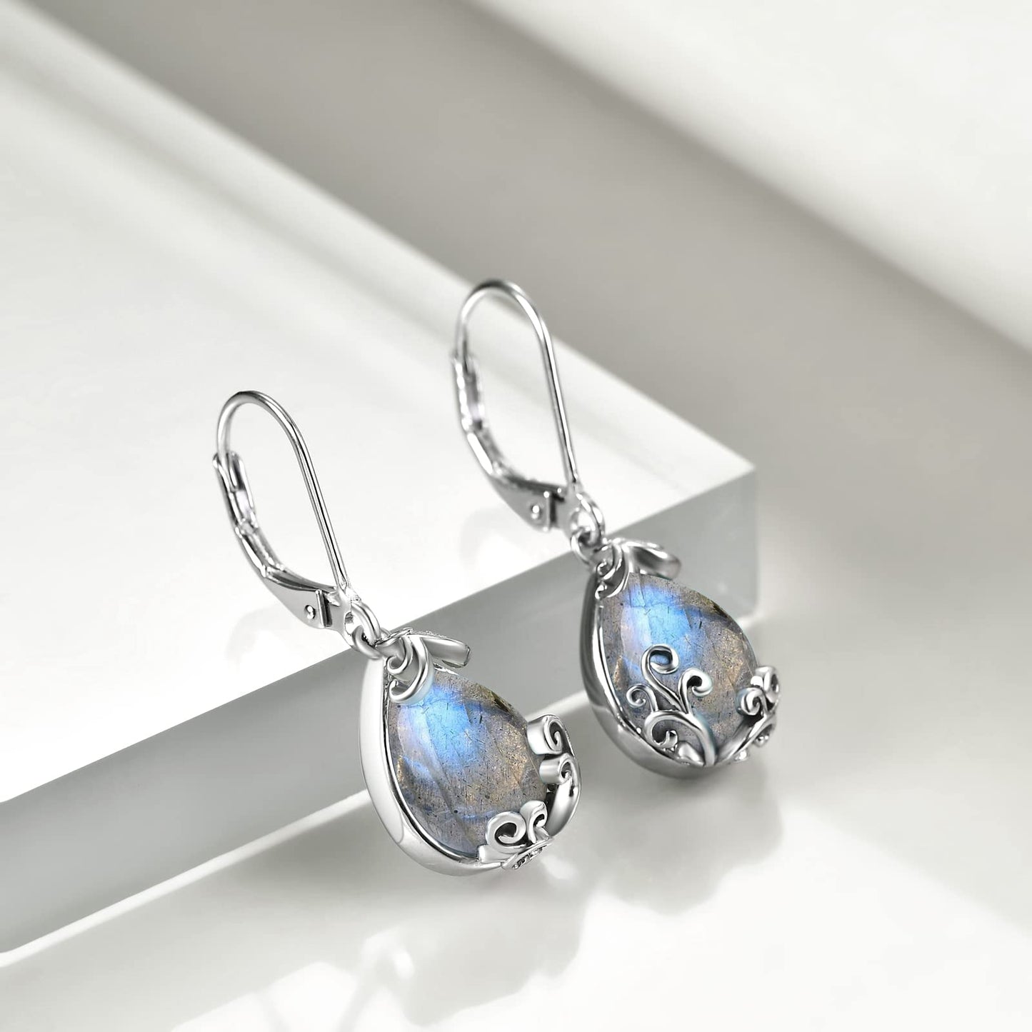 POPLYKE Labradorite Filigree Teardrop Drop Dangle Earrings Sterling Silver Leverback Earrings