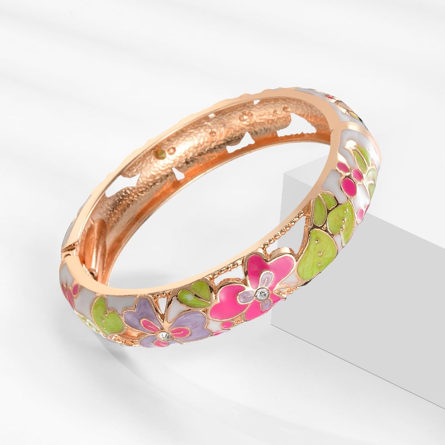 UJOY Vintage Cloisonne Bracelet Beautiful Flower Enamel Hinge Gold Plated Rose Bangles Jewelry for Women's Gifts 88A22 3pcs White