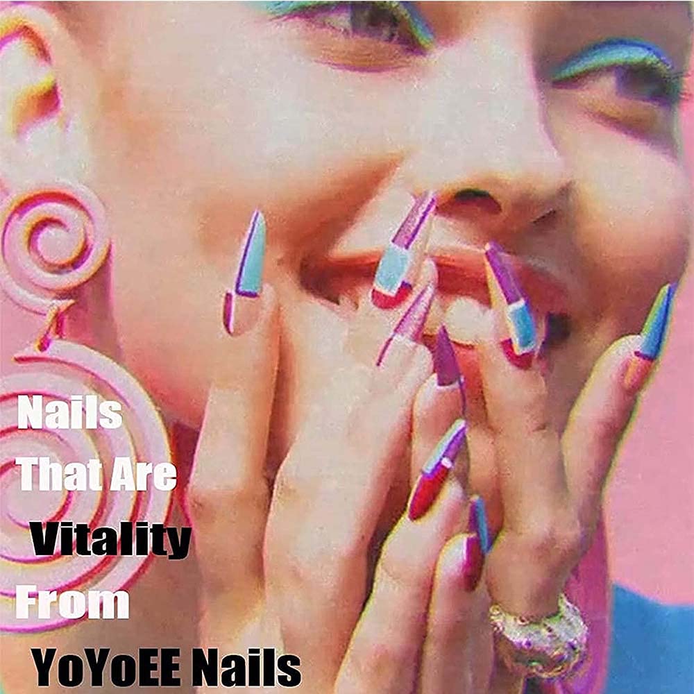 YoYoee Long Coffin Press on Nails Gradient False Nails Galaxy Butterfly Fake Nails Acrylic Bling Nails Tips for Women and Girls 24PCS