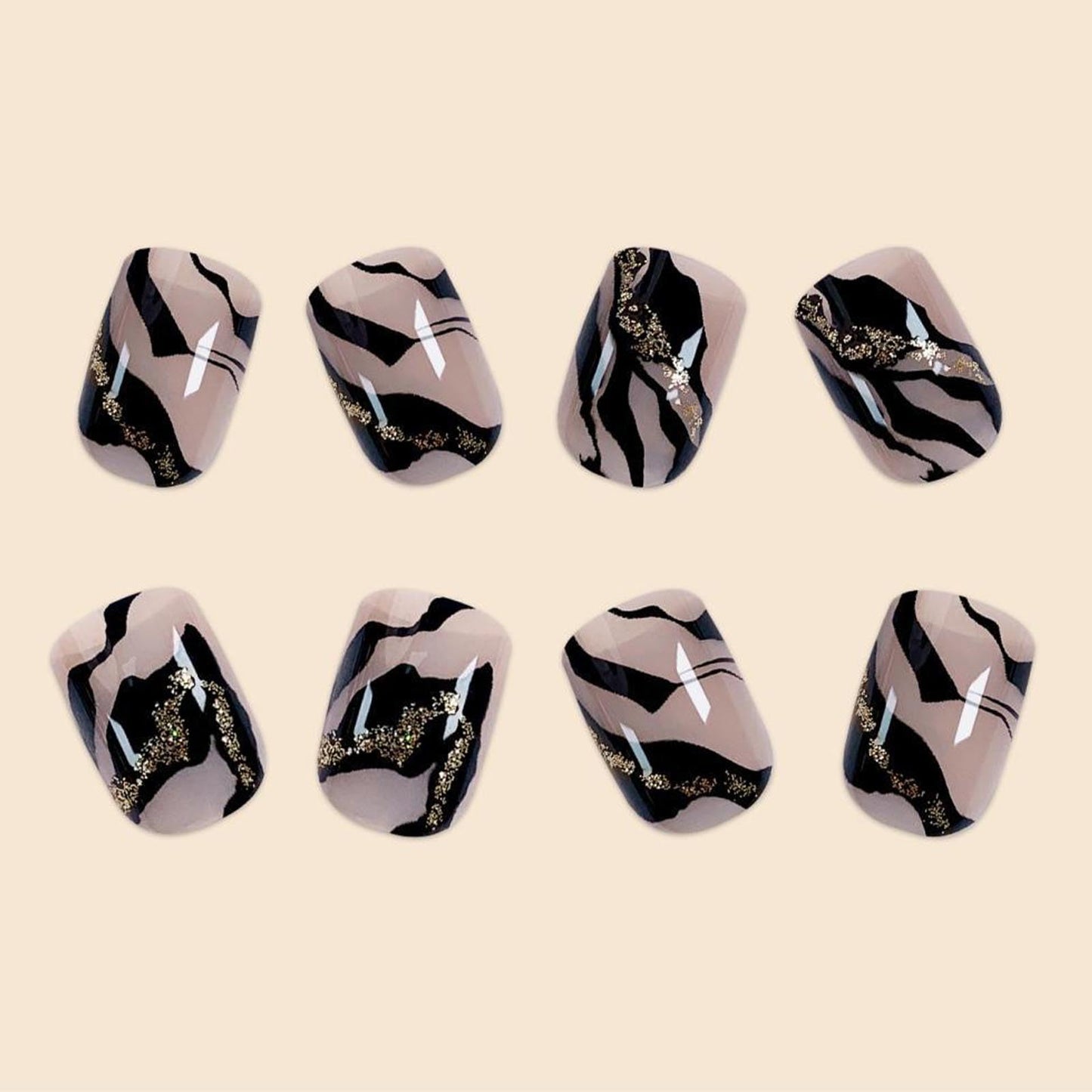 Square Press on Nails Short Fake Nails with Stripe Glitter Designs Black Nails Press ons Nude Glue on Nails Glossy Acrylic Nails Artificial Stick on Nails for Women 24Pcs