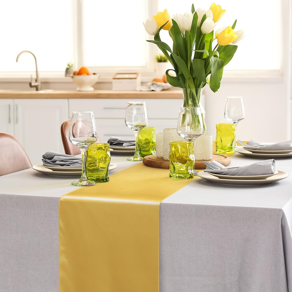 Aneco 16 Pack Satin Table Runner 12 x 108 Inch Gold Long Wedding Satin Silk Table Runner for Wedding Banquet Graduations Birthday Party Decoration