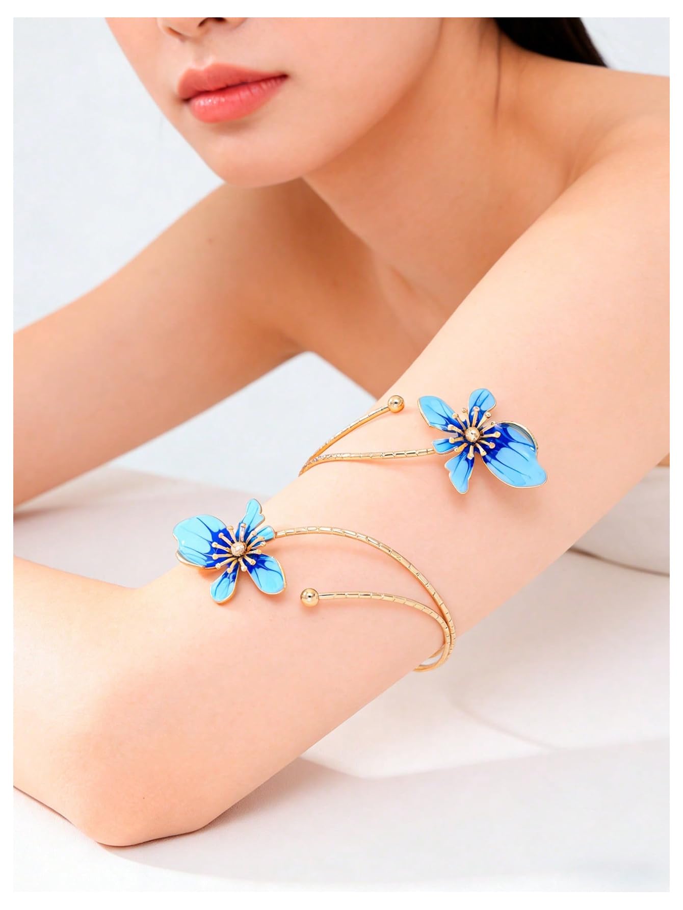 MakeMeChic Beach Gold Arm Cuff Jewelry for Women Bangle Band Armlet Flower Upper Arm Cuff Bracelet Summer Beach Essentials Light Blue One-Size