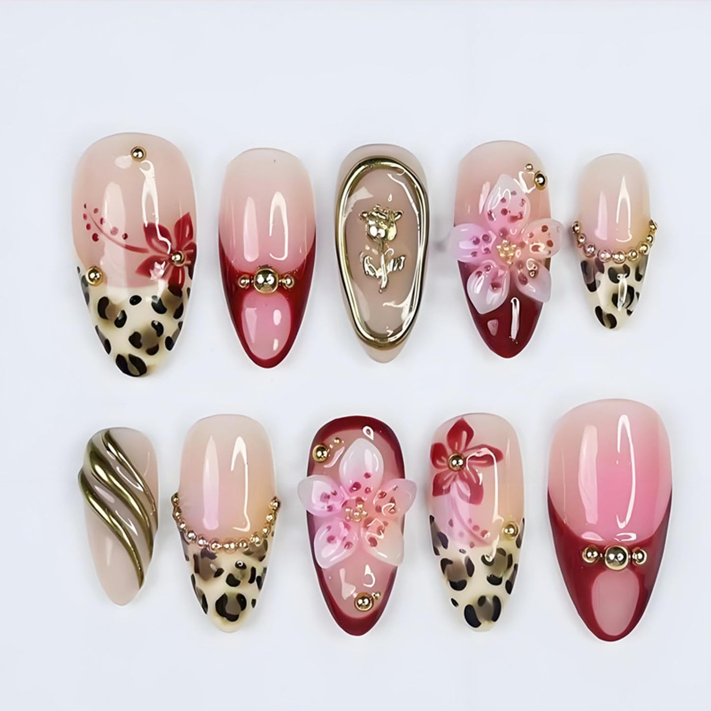 30Pcs French Tip Press on Nails Medium Almond Fake Nails with Gold Beads Rose Designs Flower False Nails Stick-on Nails French Almond Nail Tips Handmade Press on Artificial Manicure for Women Decor