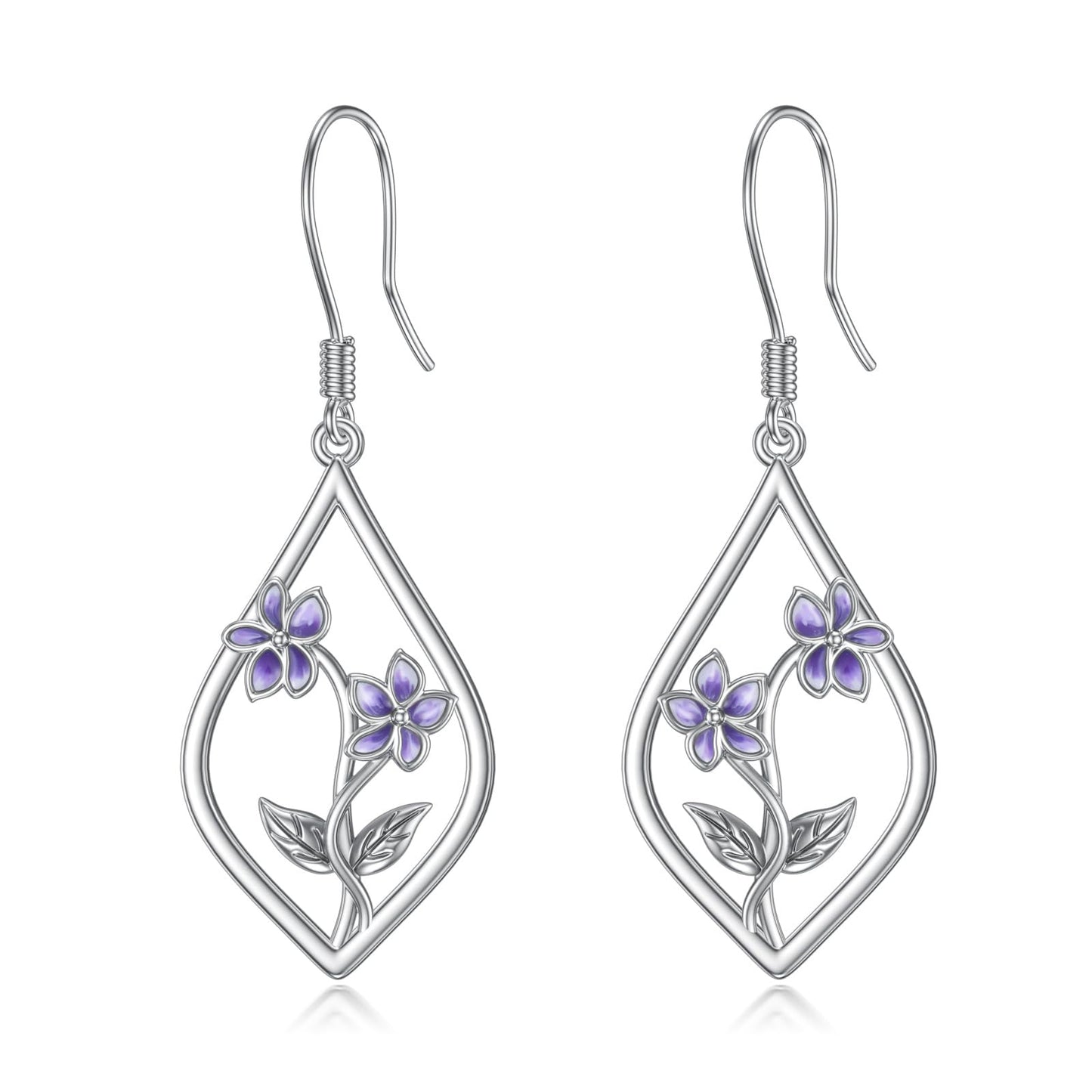 Violet Earrings Sterling Silver Purple Flower Floral Dangle Dangling Drop Earrings Violet Jewelry Gifts for Women