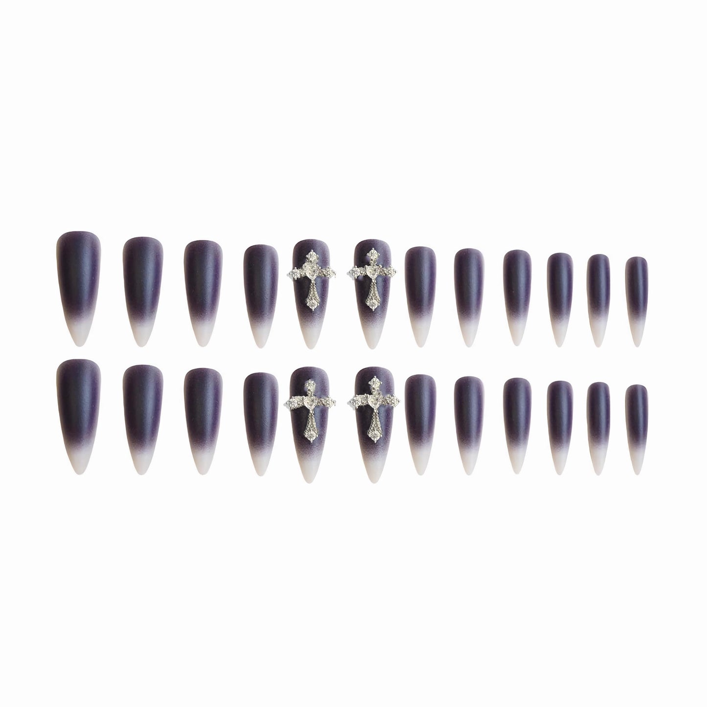 BABALAL Long Stiletto Press on Nails Almond Fake Nails Supplies Black Goth Nails Glue on 3D Metallic Cross Charm Acrylic Nails Y2k Thick False Nails Art 24Pcs Handmade Matte Artificial Nails Diy Nail
