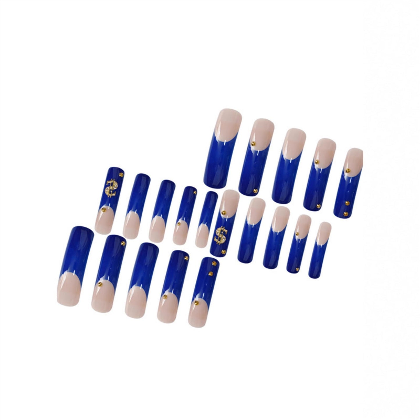 SEENEEY Curved Press on Nails Long Fake Nails Blue Artificial Nail Gold Charm Stick on Nail for Women 20pcs