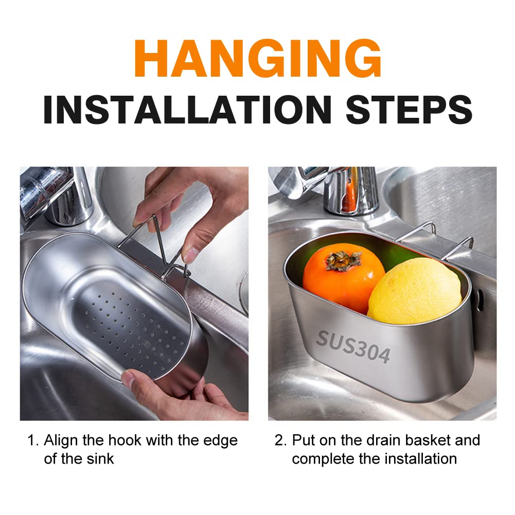 SYCOOVEN Stainless Steel Sink Drain Strainer Basket, Multifunctional Hanging Sink Strainer Colander Drain Basket Kitchen Sink Food Waste Filter and Wash Vegetables Fruits(Silver)
