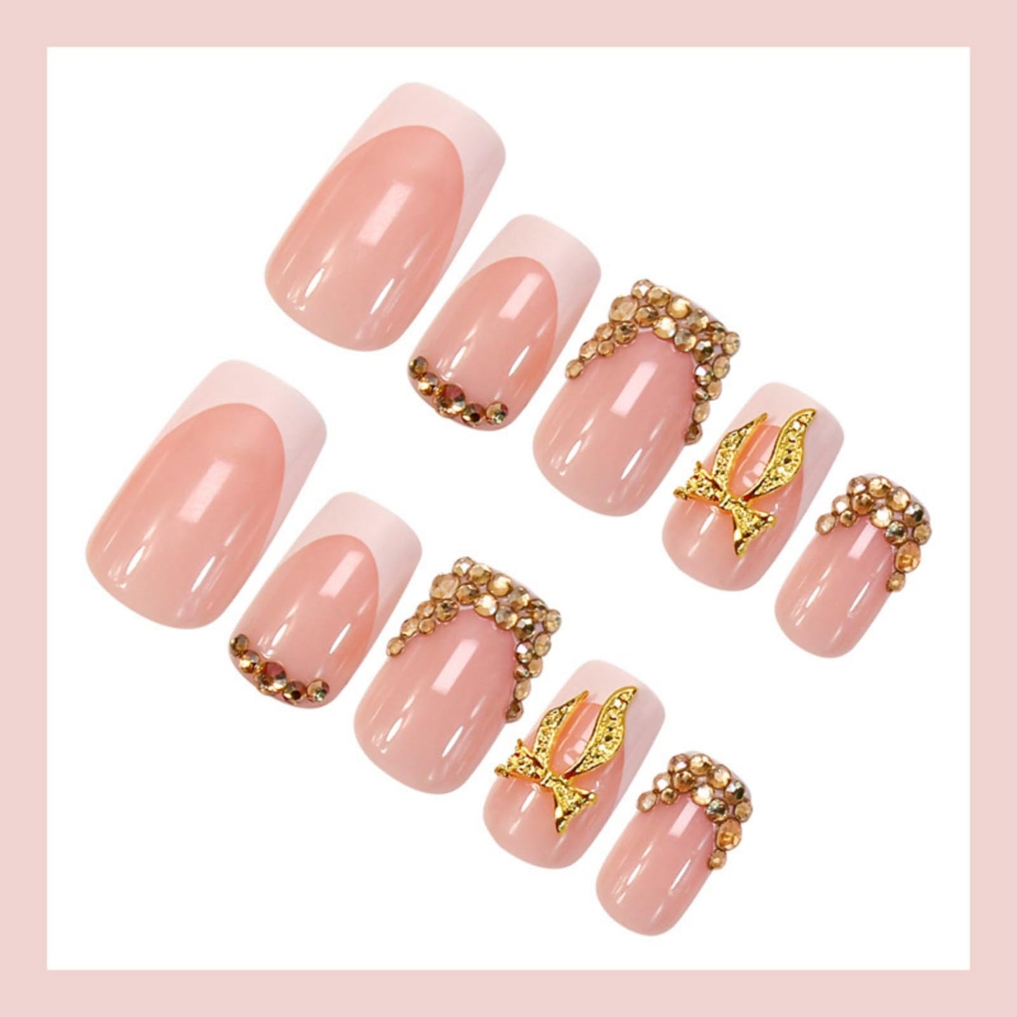 White French Tip Press on Nails Bow Fake Nails with Rhinestone Design Short Square False Nail Glossy Full Cover Reusable Artificial Acrylic Stick on Nail for Women Manicure 24Pcs