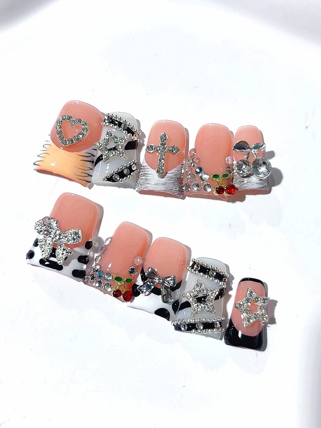 Handmade Press On Nails Set, Pink Cow Print Design with Rhinestone Heart Cross Cherry Decorations, Stiletto Shape False Nails, 10 Pieces (L260, Long)