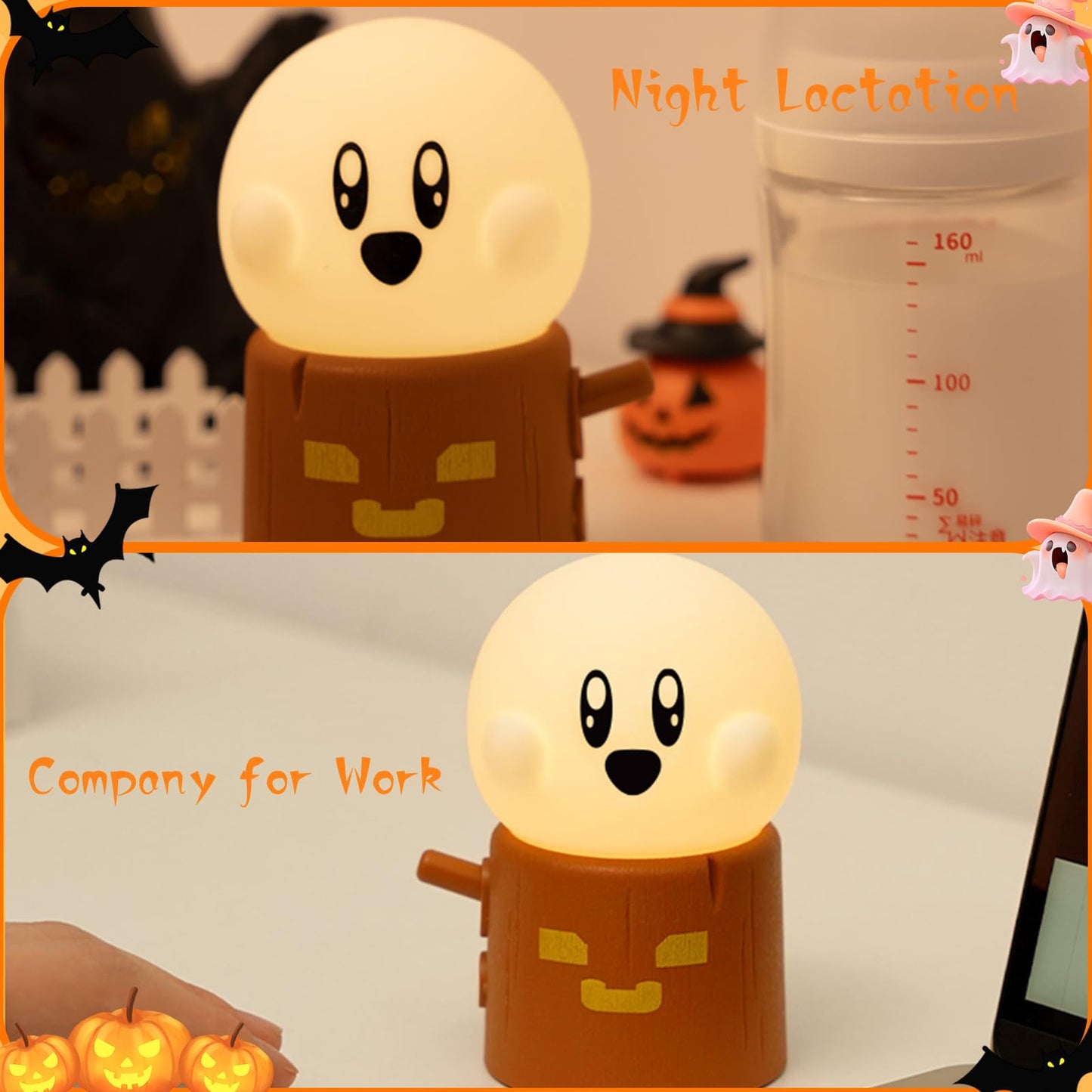 AVEKI Ghost Night Light for Kids, Kawaii Ghost Stump Lamp with Candle Light & Steady on Modes, Dimmable Nightlamp for Baby Nursery, Rechargeable Halloween Night Light Halloween Gifts for Kids