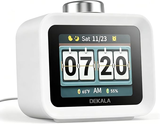 Dekala AuraDot Cute Aalarm Clock Temperature Humidity Monitor, White Noise Sound Machine for Sleep 30 Non-Loop Soothing Sounds, Animationed Sleep Screen, 7-Day Programmable 4 Alarm Clock