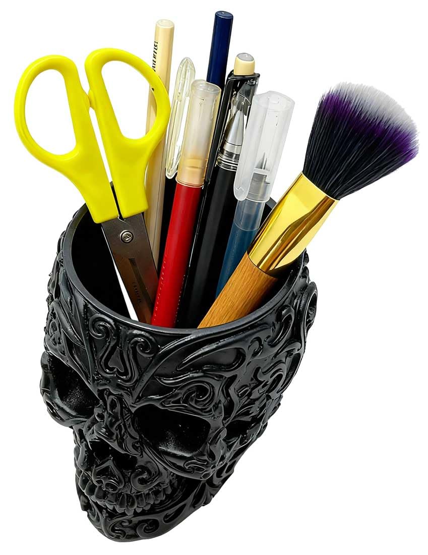 CUZOKOLA Goth Accessories Black Skull Decor for Pen Holder with Strong Resin,Skull Makeup Brush Holder for Vanity Decor,Office Organizer,Skull Planter