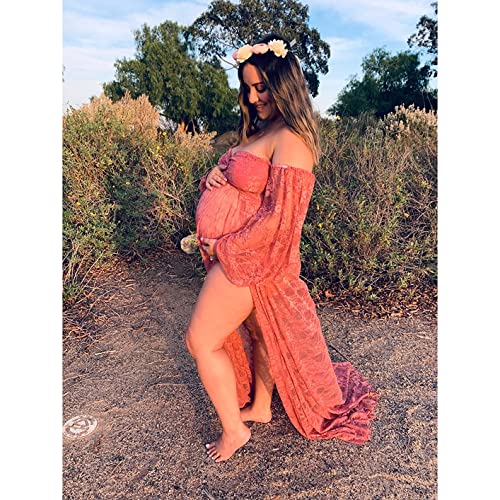 Saslax Soft Stretchy Lace Off Shoulder Doubly Split A-line Skirt Maternity Dress Pregnancy Maxi Gown for Photoshoot - color: Antique Rose, size: Medium