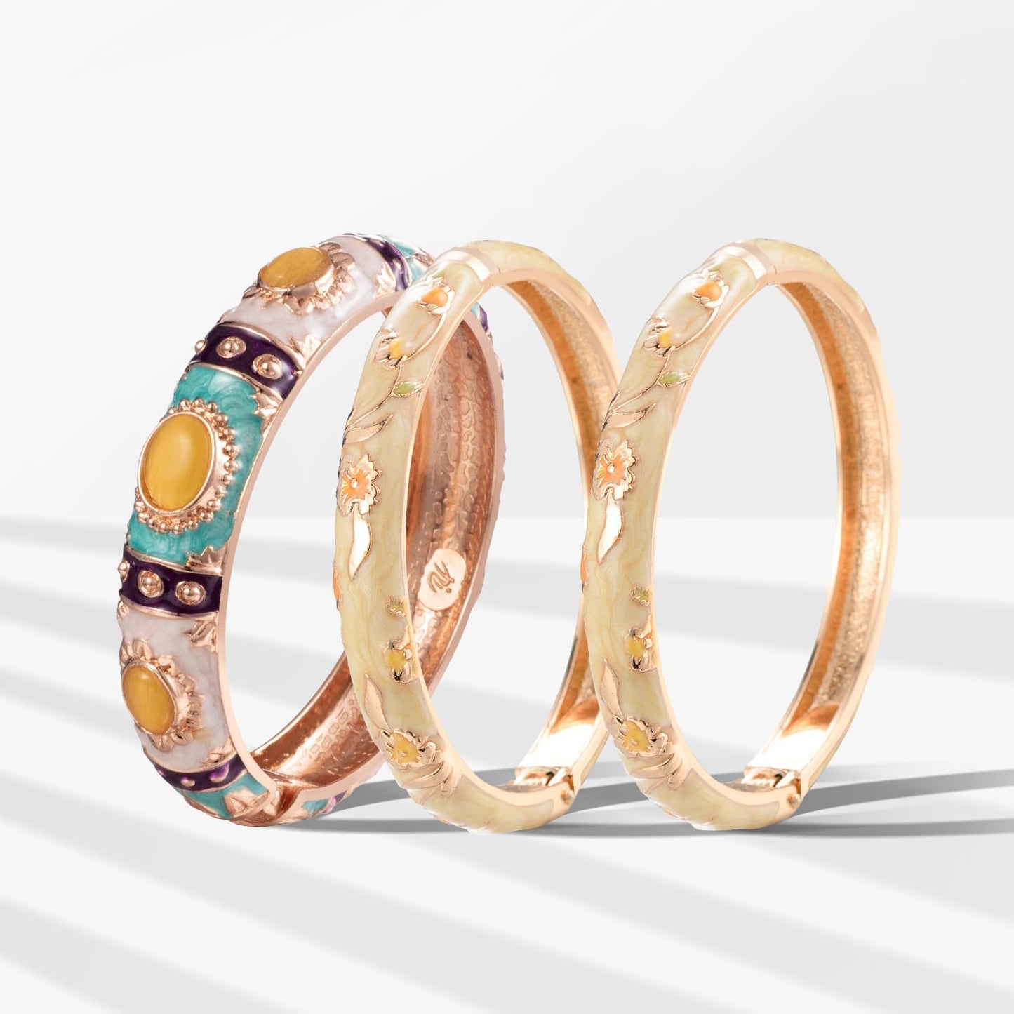UJOY Vintage Cloisonne Bracelet Beautiful Flower Enamel Hinge Gold Plated Rose Bangles Jewelry for Women's Gifts 7735 3pcs Yellow