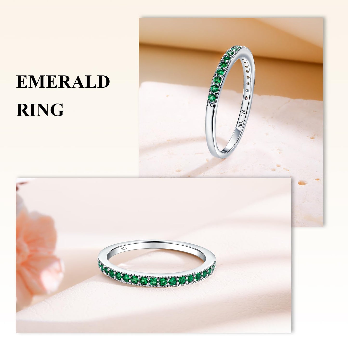 AGRULE Emerald Wedding Band Ring for Women May Birthstone Ring Sterling Silver Half Eternity Band Rings Green Anniversary Ring, Size 7
