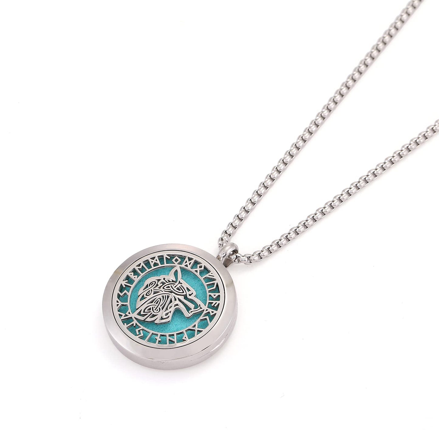 UTHOSMDO Viking Handsome Nordic Necklace with Runic Wolf Aromatherapy Essential Oil Diffuser Viking Jewelry Gift Stainless Steel Locket Pendant Necklace
