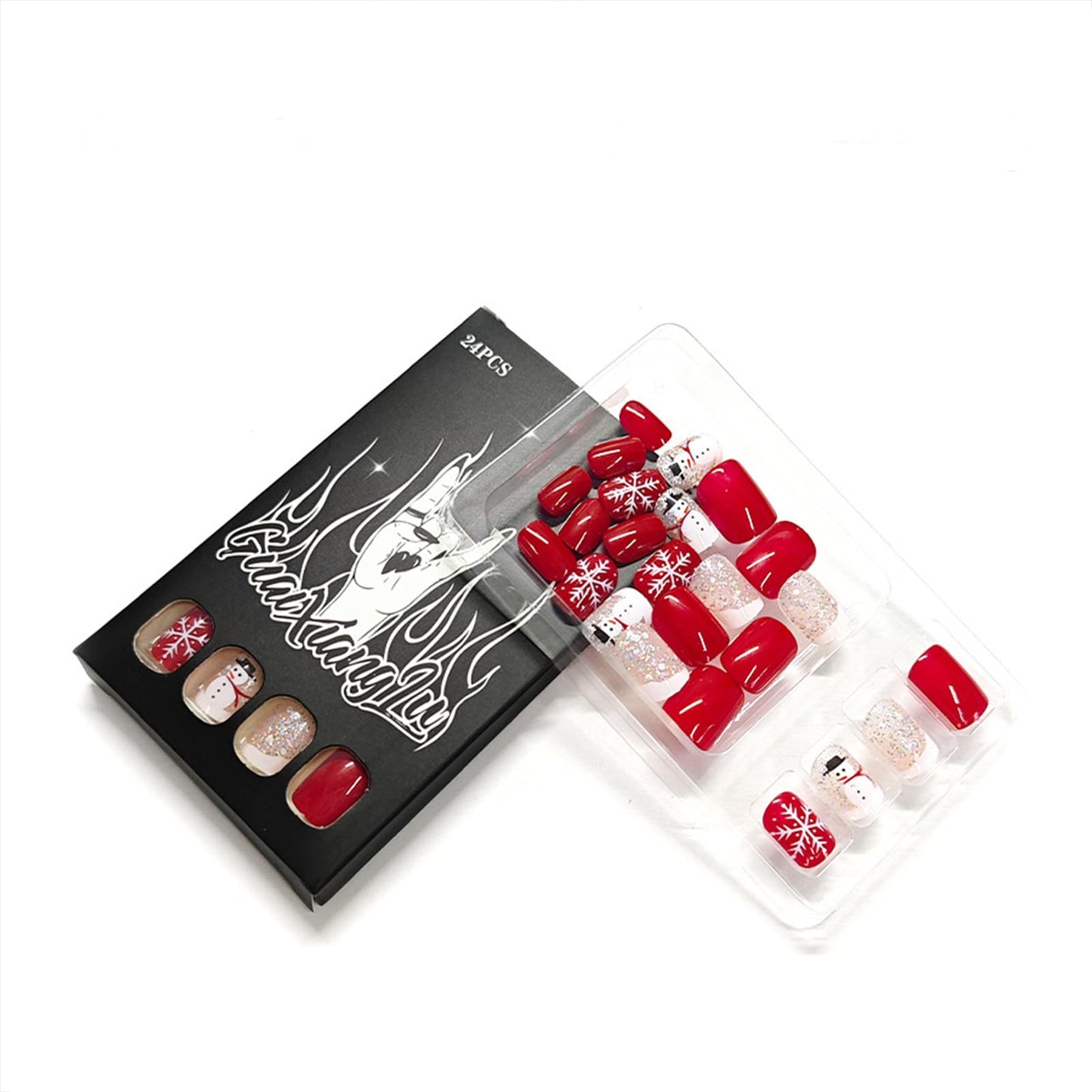 Christmas Press on Nails Short Square Fake Nails with White Snowflake Snowman Design Silver Glitter Xmas Red Full Cover Glossy False Nails Press ons Glue on Nails for Girls 24Pcs