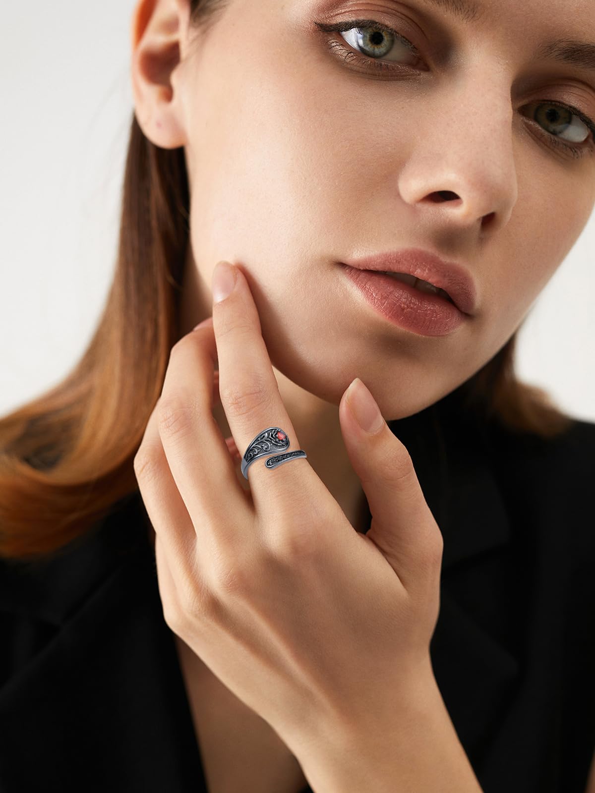 Midari Black Rose Cross Spoon Rings for Women 925 Sterling Silver Adjustable Cross Gothic Thumb Open Ring Gothic Ruby Jewelry Halloween Gifts for Women