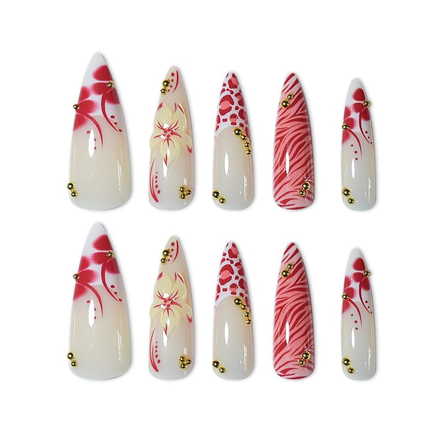 RUOKEXIN Long Almond Press on Nails French Tip Fake Nails Stiletto False Nails with 3D Flower Designs Acrylic Nail Press ons Sparkly Artificial Nails for Women 24Pcs