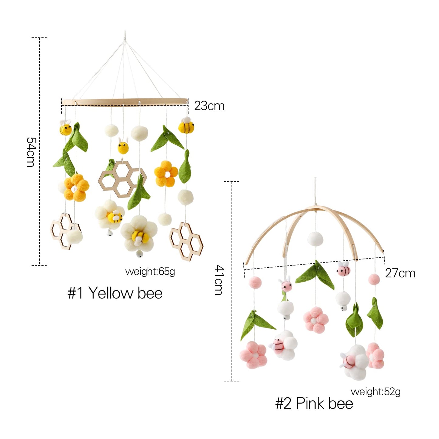 Wooden Wind Chime Bed Bell Crib Mobile, Neutral Pink Bee Baby Ceiling Mobile