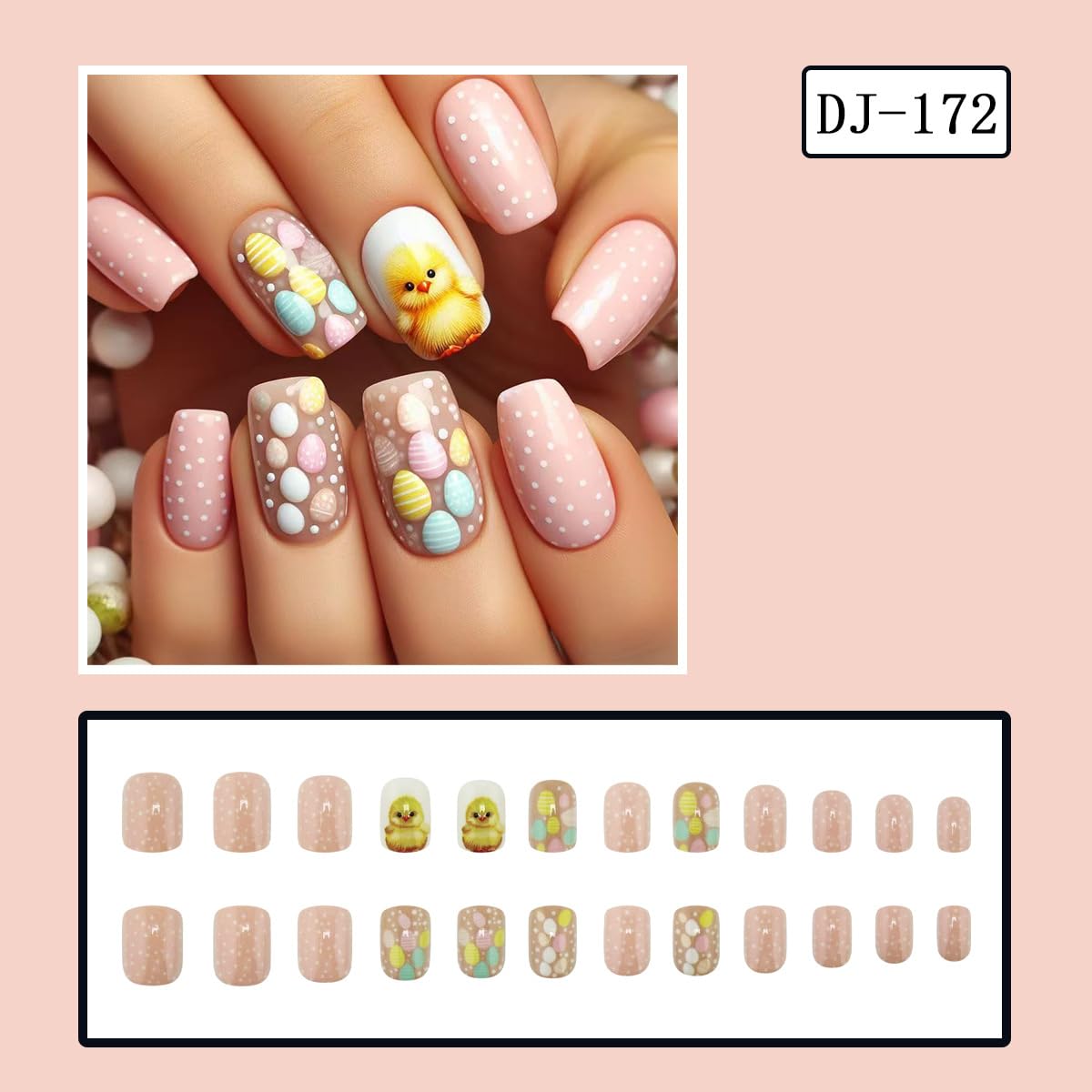 24Pcs Short Press on Nails Easter Nails Press ons Square Fake Nails with Easter Egg Designs Cute Duck Acrylic Nails Pink Glossy Stick on Nails Easter Glue on Nails for Women Manicure Art