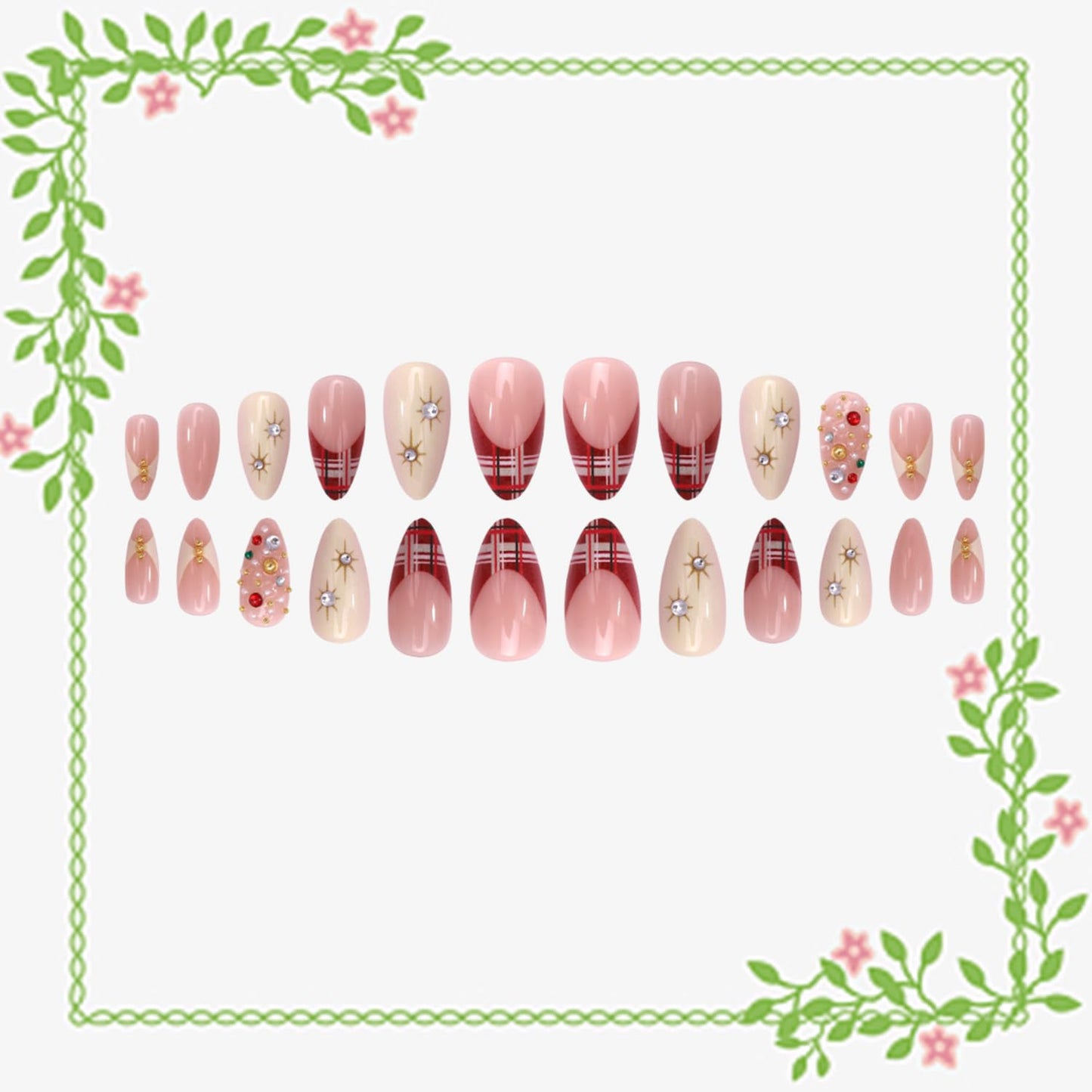 CJDLTS French Plaid Stripes Press on Nails Almond Artificial Medium Acrylic False Nails 3D Rhinestones Stick on Nail Gold Beads Artificial Fingernails Glossy Reusable Coffin for Women Manicure 24Pcs