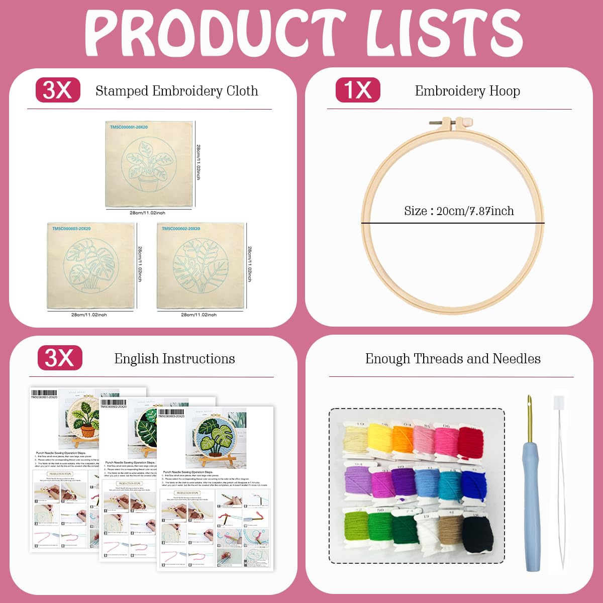 JOZYSH Green Plants of Various Shapes Punch Needle Kits for Beginner, DIY Punch Needle Kit Adults Beginner Include 3 Pre-Printed Fabrics, Embroidery Hoop, Threads, Craft Gifts and Decorations