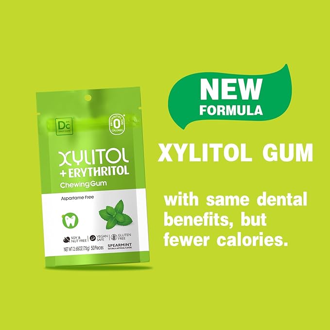 DC24 DAILY CARE Gum, Aspartame Free & Sugar Free Xylitol Chewing Gum with Erythritol, Low-Calorie, Sugarless, Spearmint, 50 Pieces (Pack of 3)