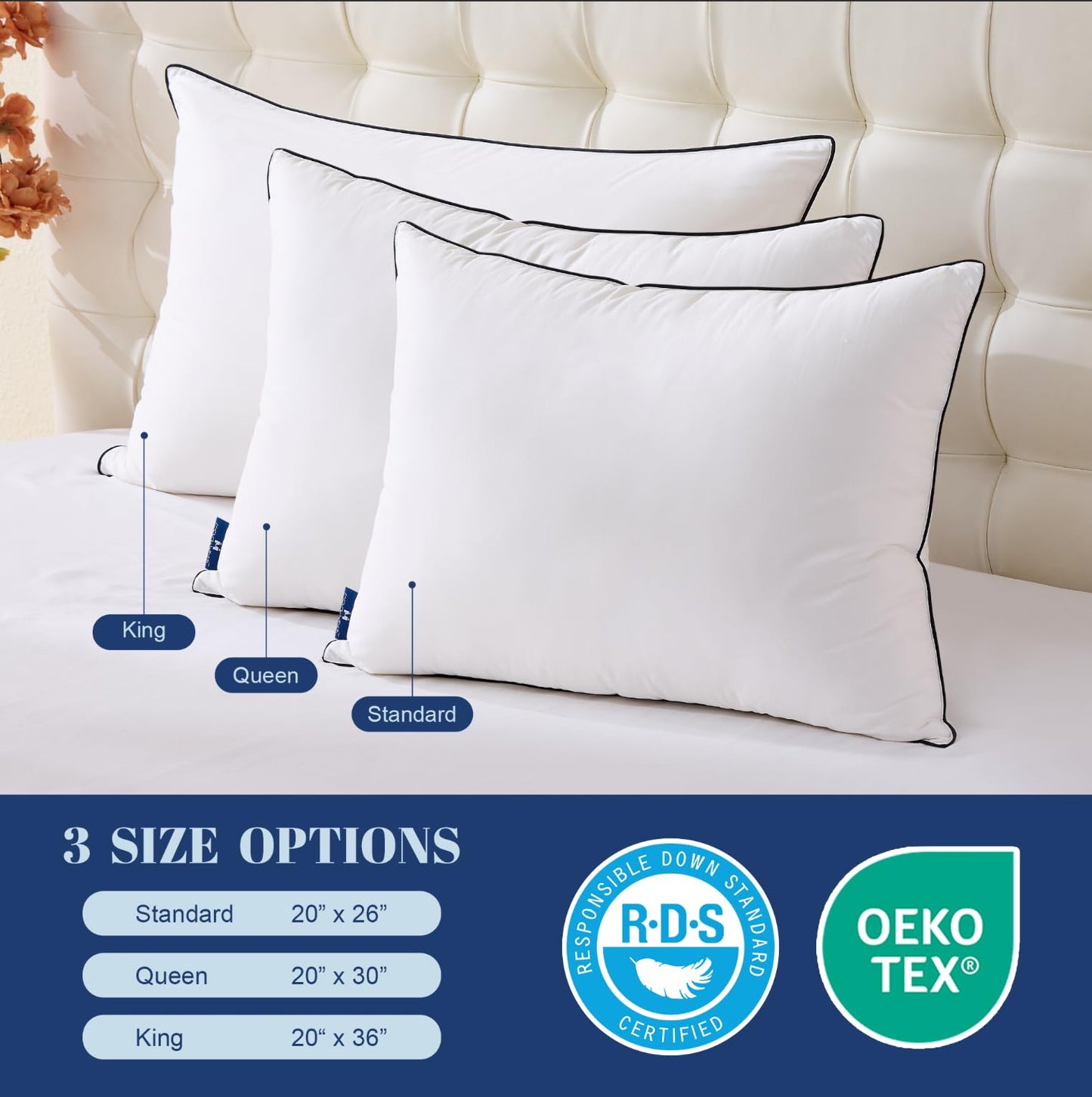 Mosluna Feather Down Pillows Standard Size Set of 2, Luxury Hotel Collection Bed Pillow 2 Pack, Airyfil™ Powered Fillings & Feathers Pillow，Fluffy Plush for Side Sleepers, Medium Firm, 20x26 in.
