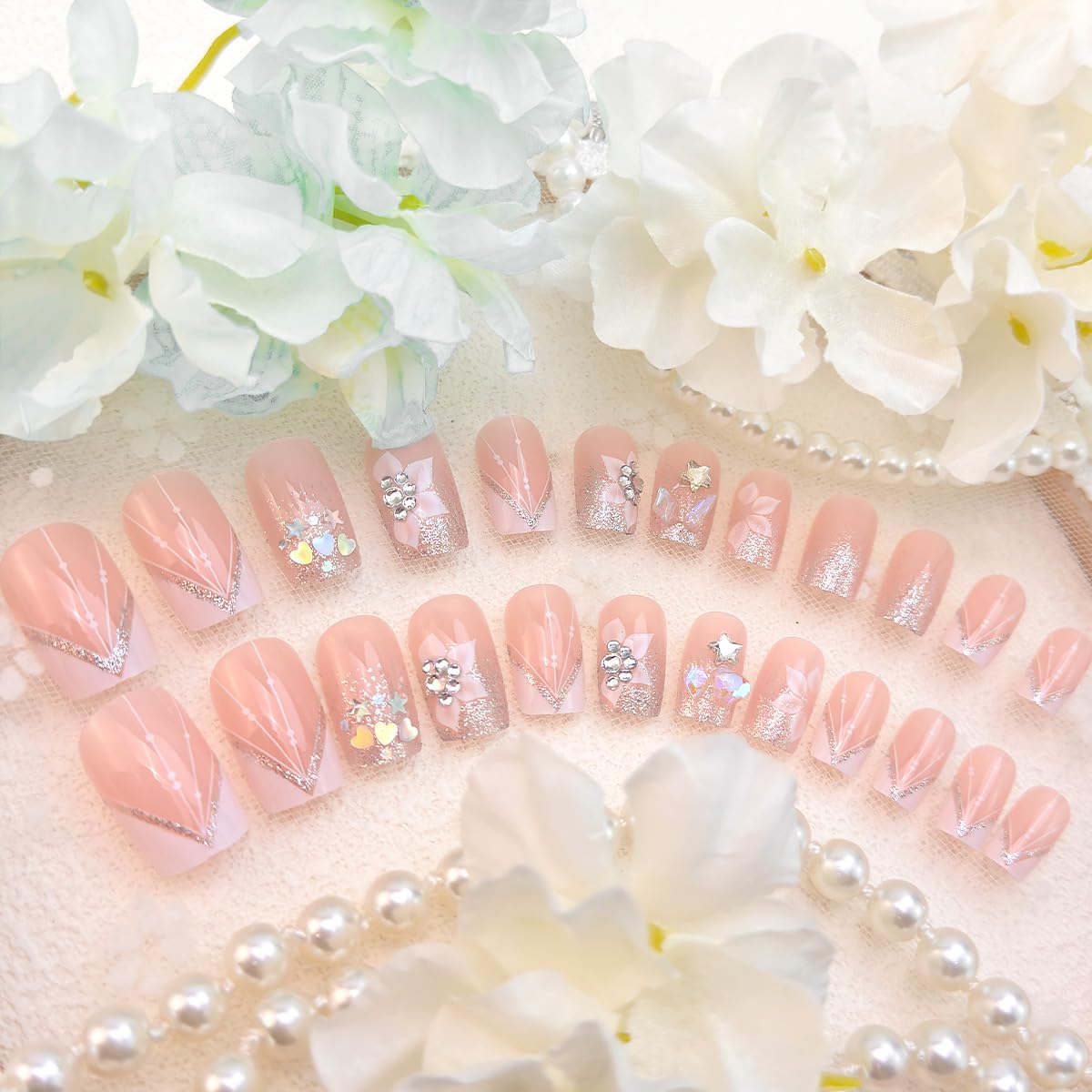 DZPGUONIZ 24pcs Short Square Press on Nails French Tip Fake Nails White Flower with Star Design Glitter False Nails Luxury Nail Charms Crafts White Stripes Glue on Nails for Women Manicure Tips