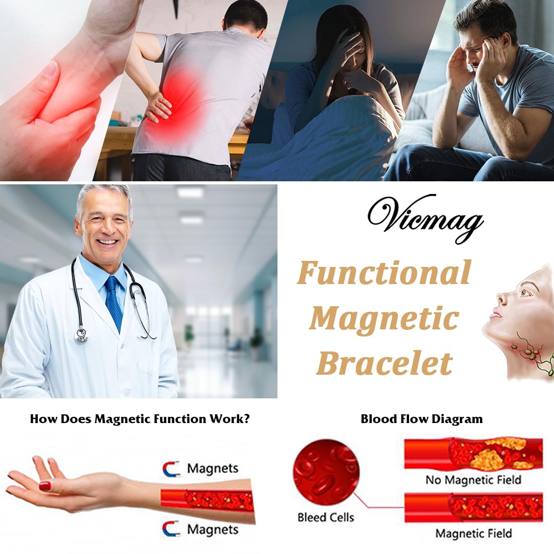 Vicmag Copper Magnetic bracelet for Women Men Magnetic bracelets 100% Solid Pure Copper Gift(3pcs)