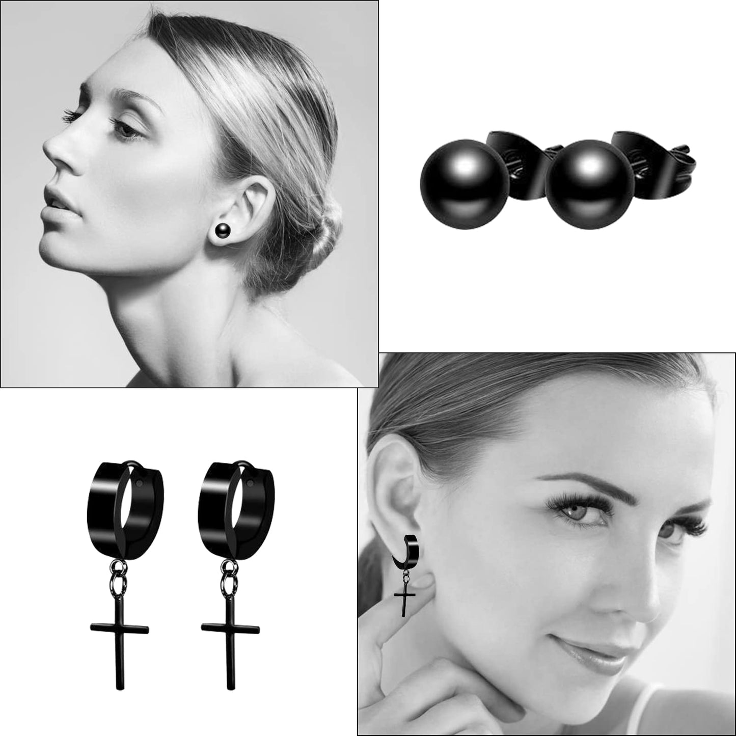 LEBOCADO 10 Pack Men Earrings Set Black and Sliver Earrings for Men Women, Stainless Steel Hoop Stud Earrings Fashion Piercing, Punk Earrings with Storage Boxes