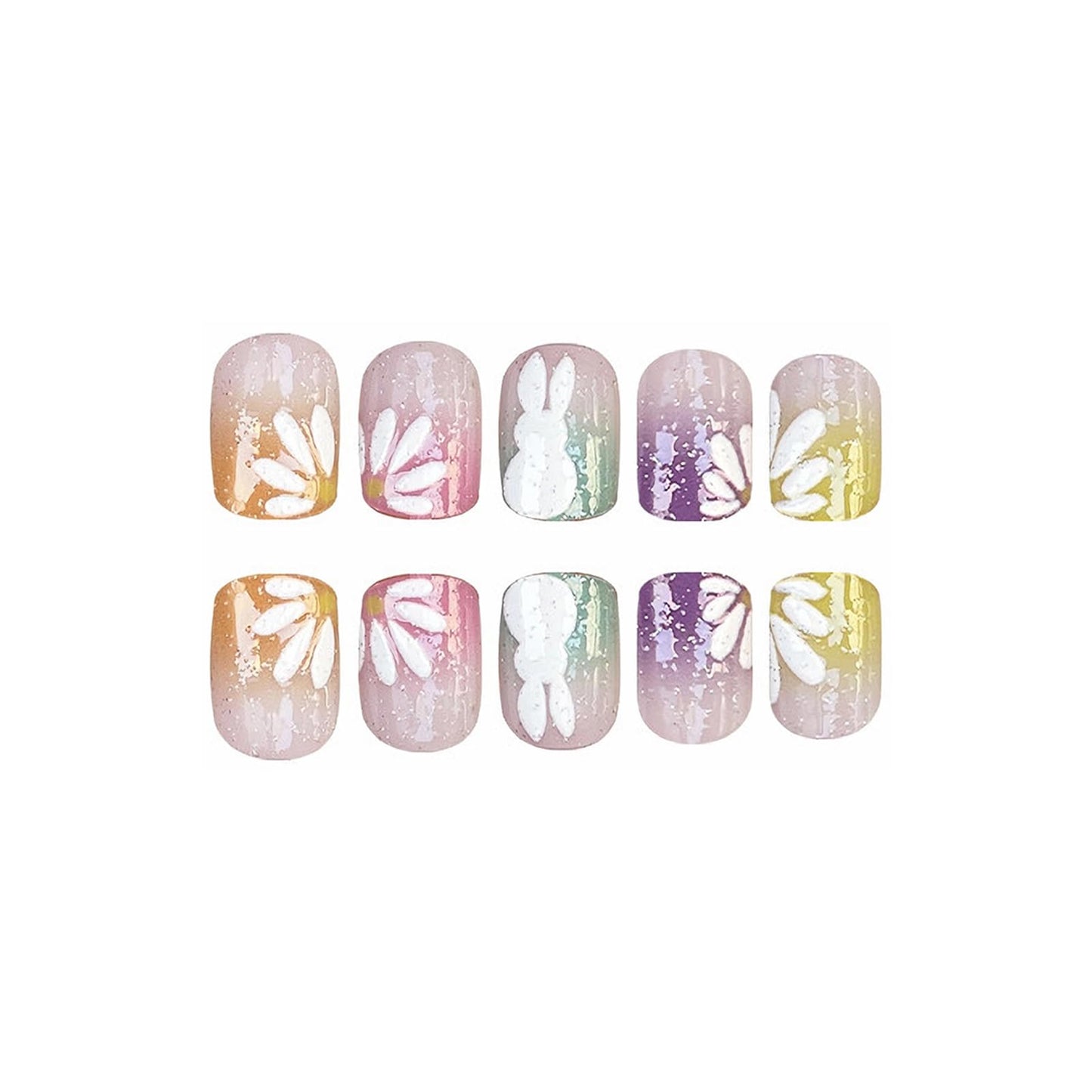 MISUD Press on Nails - Short Square Fake Nails with Colorful Ombre, Acrylic Easter Bunny Flower Design 24 pcs