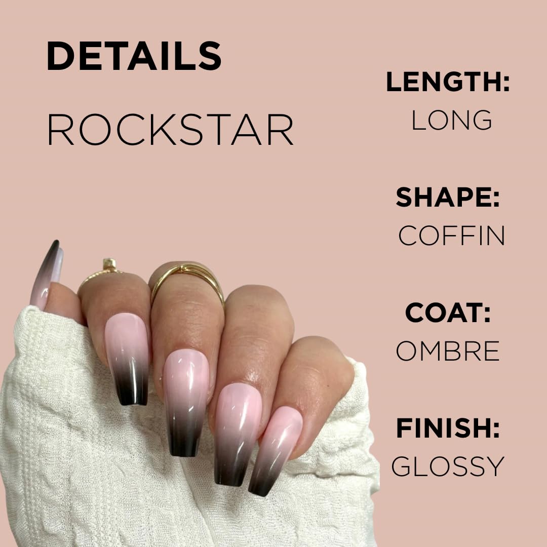 ROCKSTAR Press-On nails by Lavaa Beauty | Ombre Black Tip and Nude Base | Glossy Long Coffin Nails