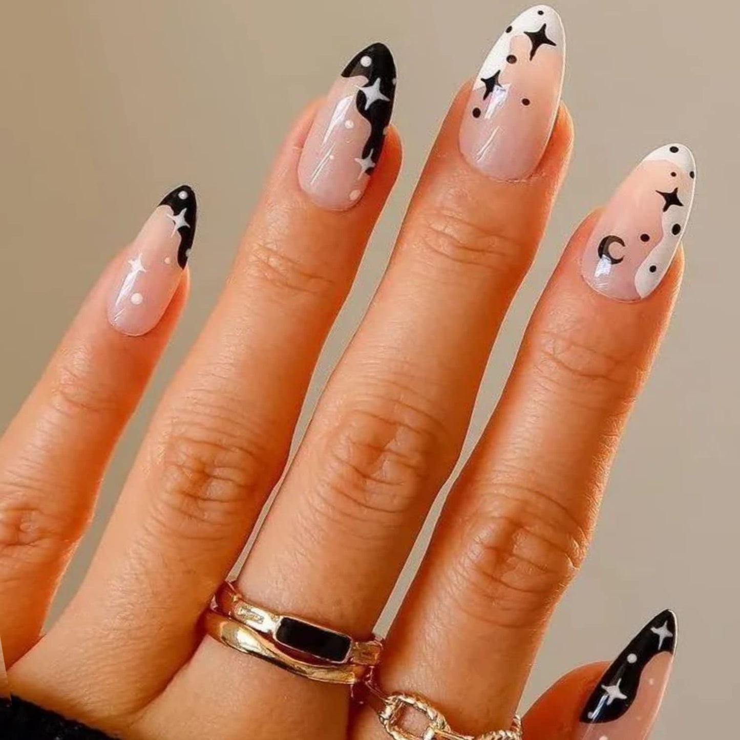 GLAMERMAID Press on Nails Almond，Gothic Blue and Nude Glue on Nails Set,48 Pcs Glossy Short Press on Nails with Butterfly Design,False Nails for Women Girls Gift