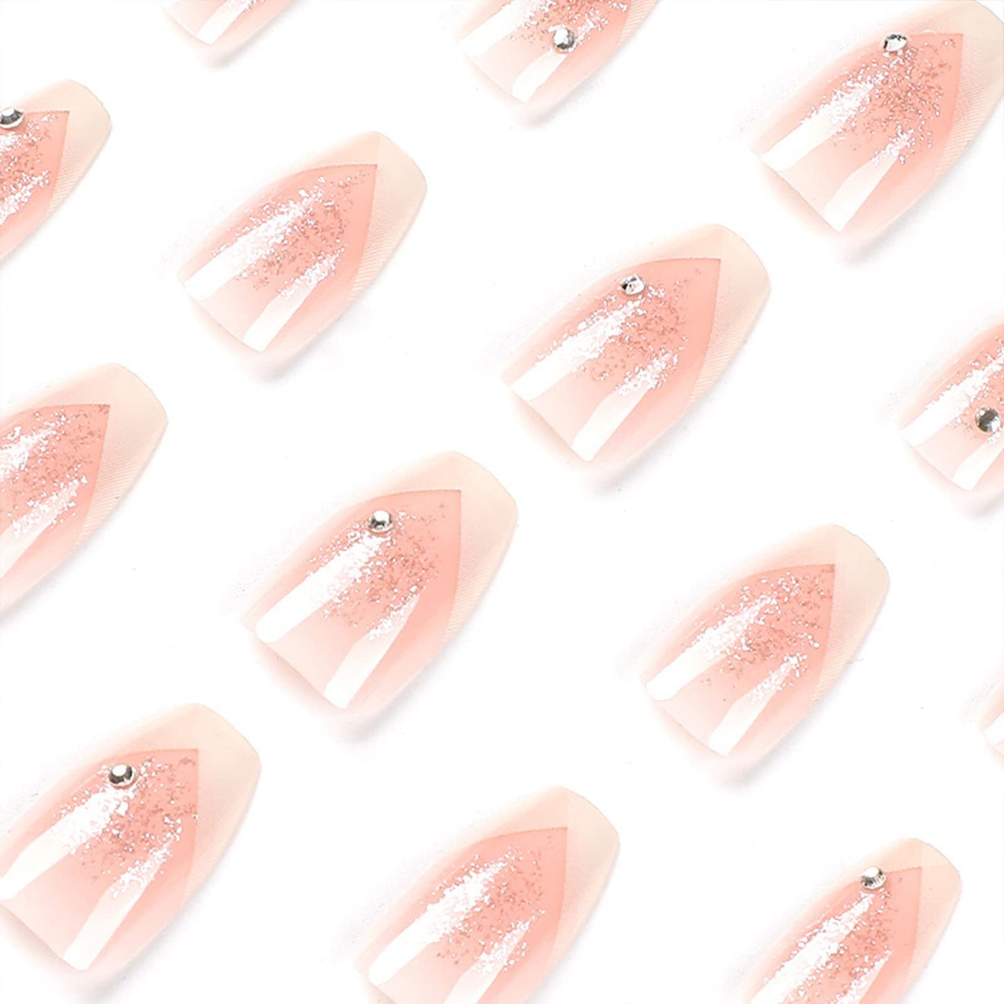 Press on Nails Short Coffin, French Tip Fake Nails with Glitter Sequins Design Nude Full Cover Stick on Nails Glossy False Nails with Glue for Women 24pcs