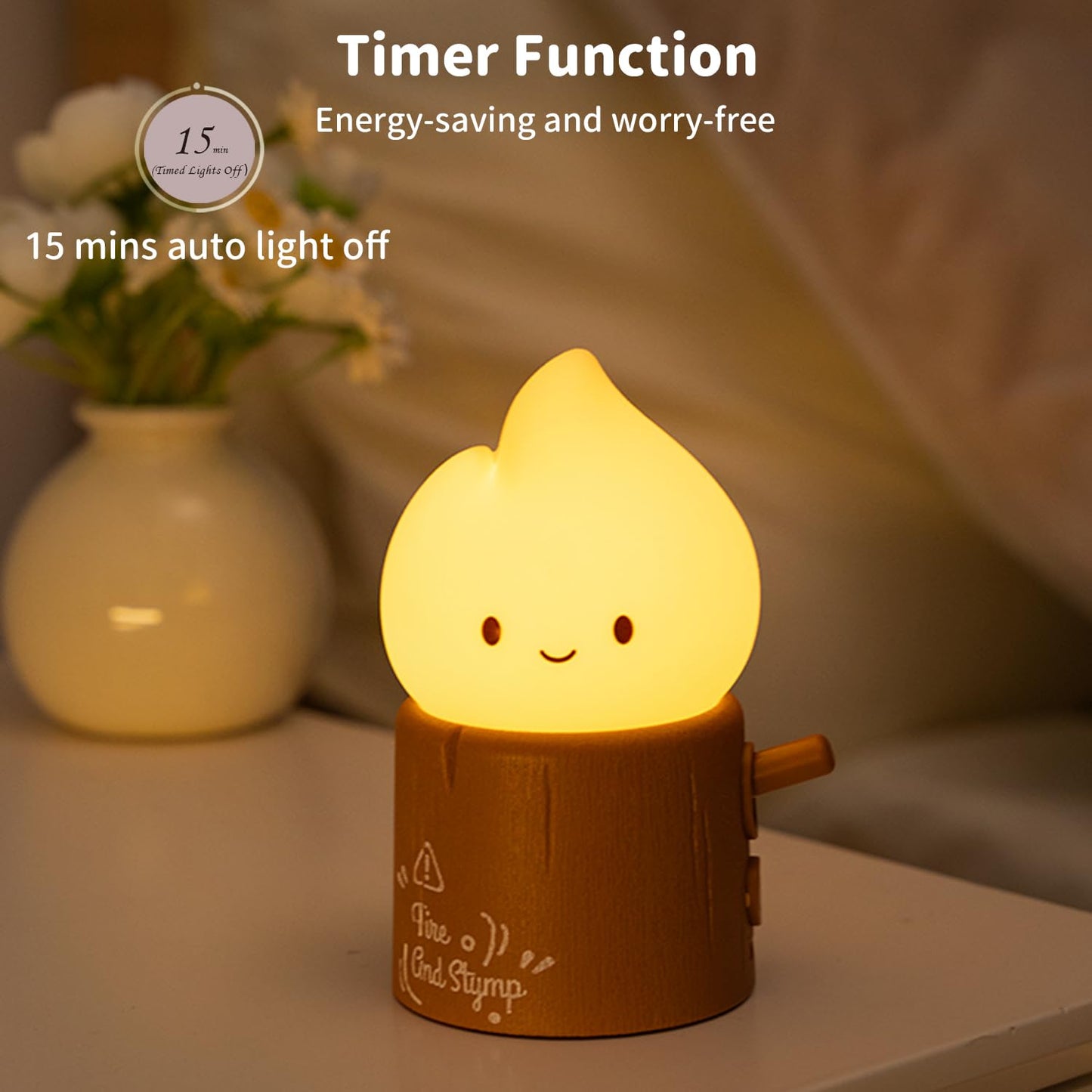 Myratts Led Cute Stump Fire Night Light, Dimmable Nursery Kawaii Lamps, Super Squishy Silicone USB Rechargeable Timer Night Lamp for Kids Adults, Used for Camping Party Room Decor (Stump Fire)