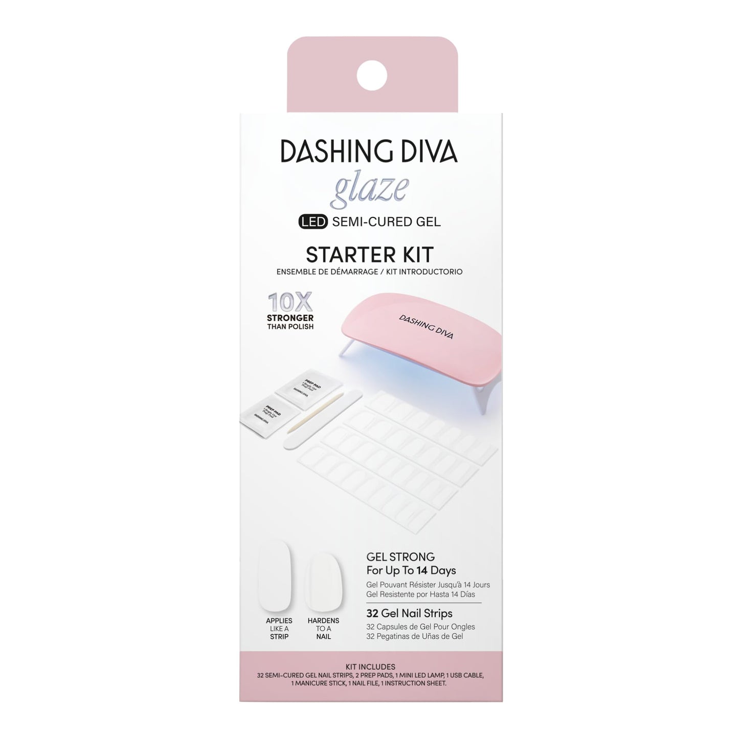 Dashing Diva Glaze Nail Starter Kit - Daikon - Long Lasting, Chip Resistant, Semi-Cured Gel Nail Strips - 7-Piece Manicure Set with 32 Strips and Mini LED Lamp