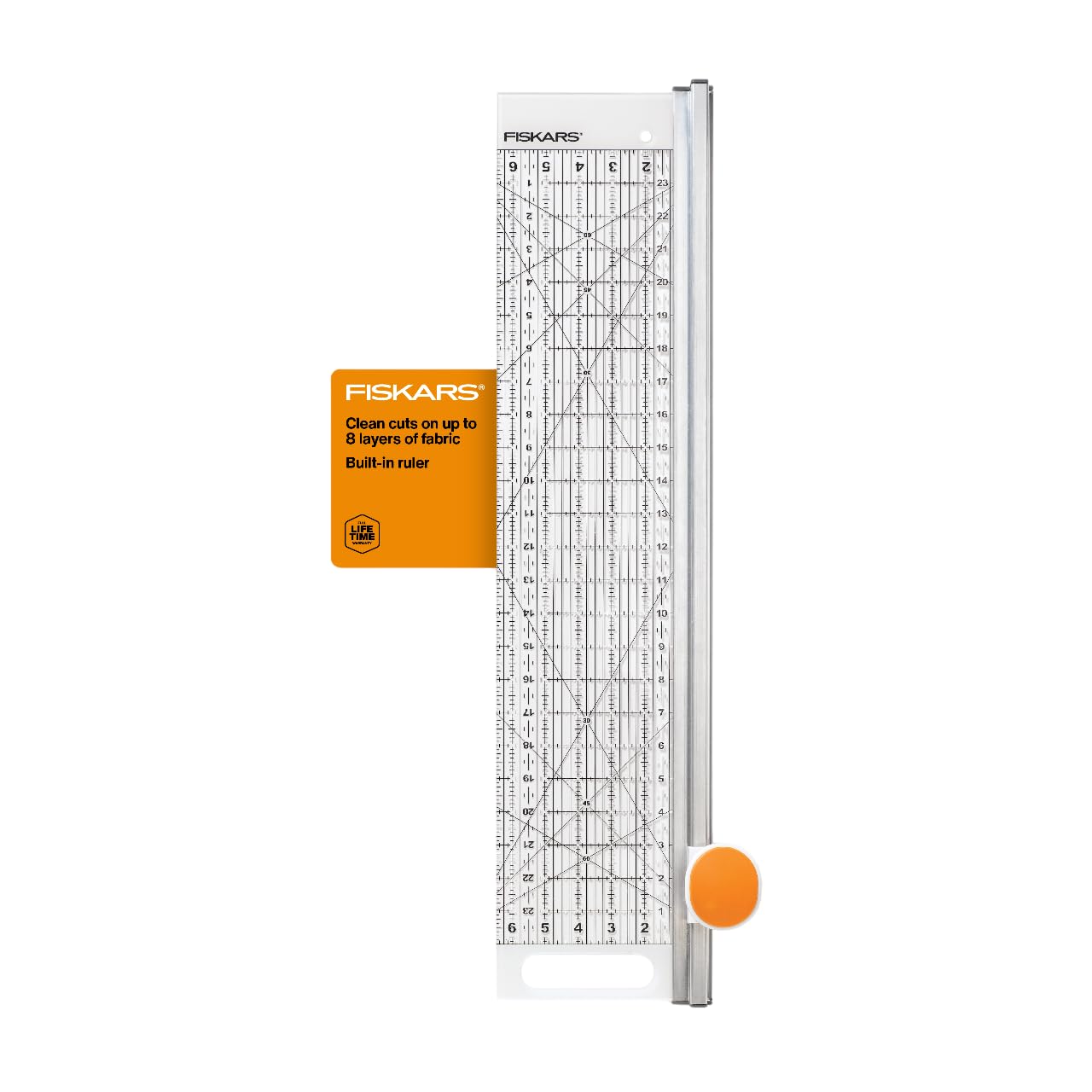 Fiskars Rotary Cutter and Ruler, Quilting Ruler, Rotary Cutter for Fabric, Built-In Measuring Grid & Spring-Action Blade, 24” x 6”, Gray/Clear