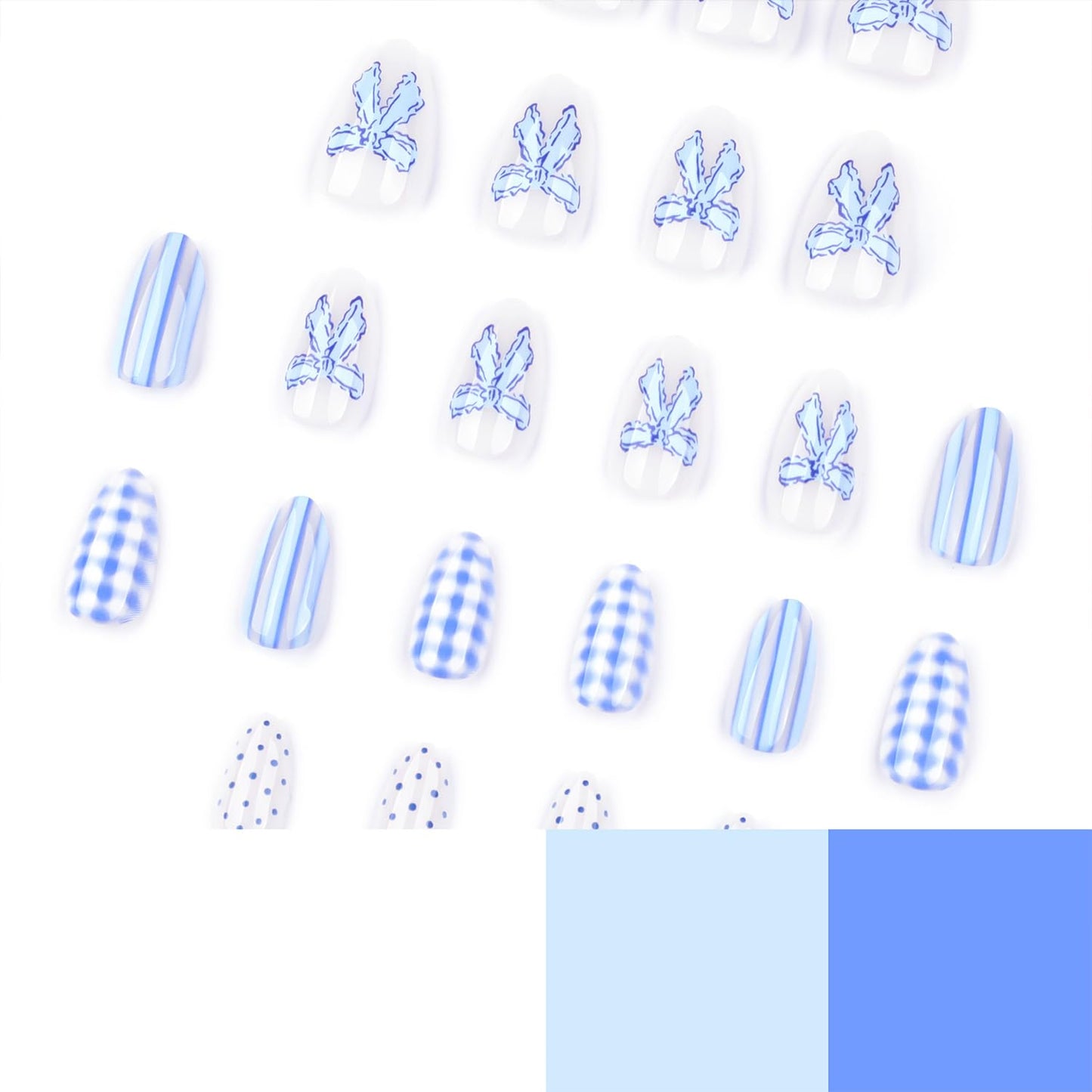 LWTZLW Polka Dots Press on Nails Short Almond False Nails with Bow Plaid Stripes Design Full Cover Glue on Nail Blue Summer Reusable Acrylic Fake Nails Glossy Artificial Stick on Nail for Women