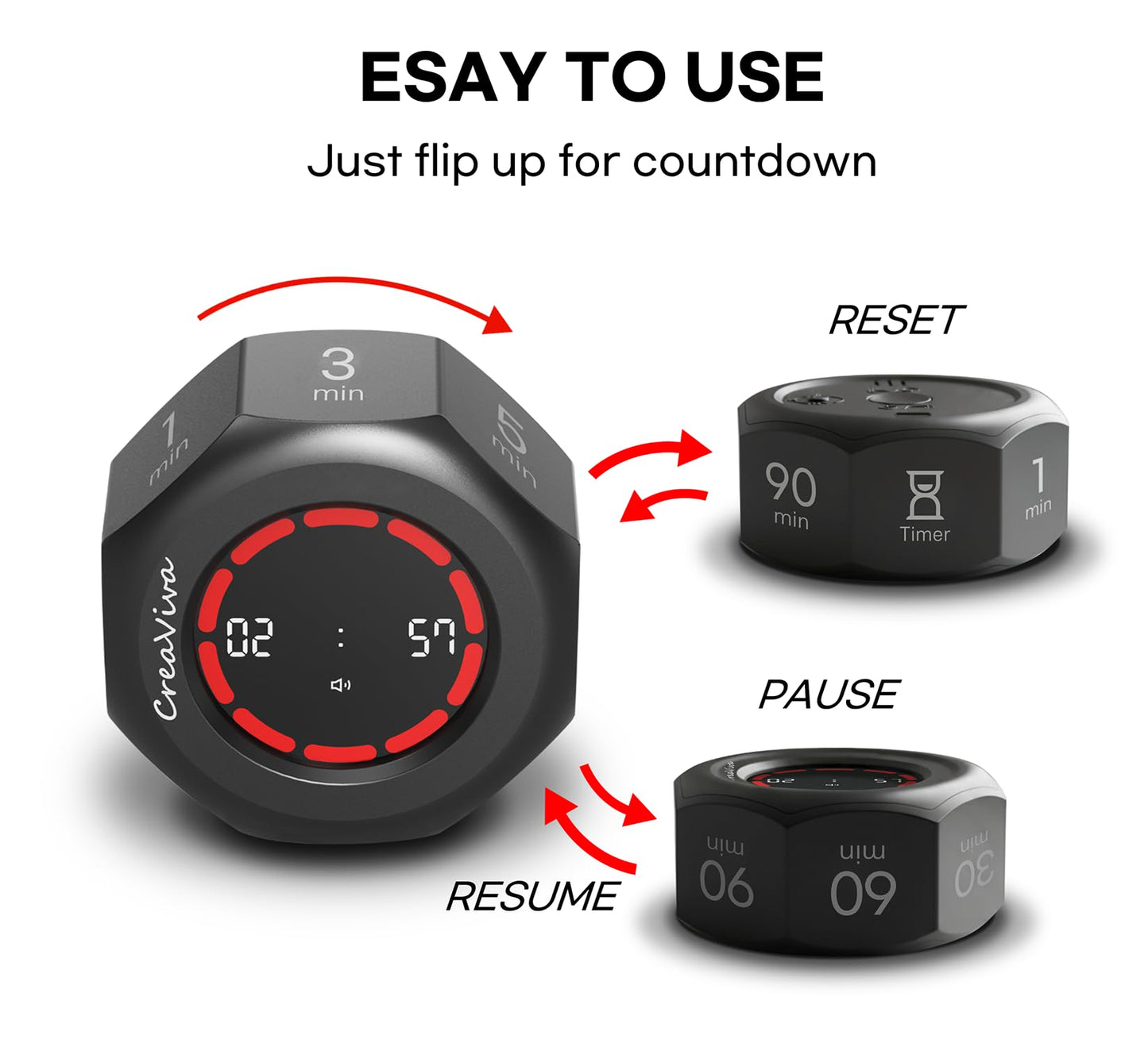 CREAVIVA Flip Cube Pomodoro Timer - Rechargeable Visual Countdown & Count Up Stopwatch, 7 Preset Intervals, 3 Alarm Modes, Productivity Tool for ADHD, Kids, Study, Work & Kitchen (Gray)