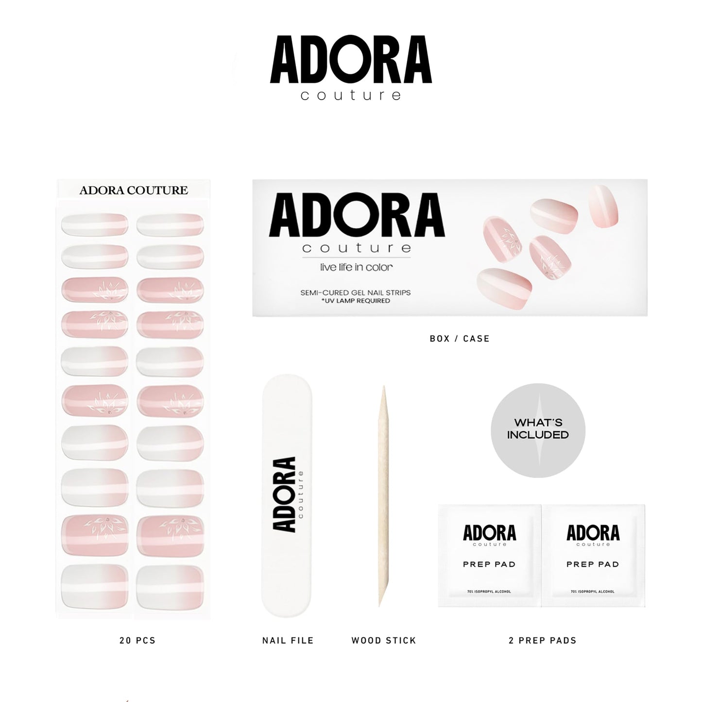 Adora Couture Semi-Cured Gel Nail Strips - 20 Salon-Quality Gel Sticker with UV Light Required, Long Lasting, Easy Application & Removal, Includes Prep Pad, Nail File, Wooden Stick – Soft Serenity