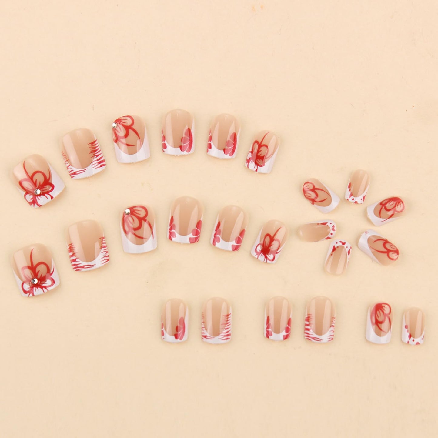 IMSOHOT White French Tips Press on Nails Short Square Fake Nails with Red Flower Design Full Cover Glossy Glue on Nails Acrylic Artificial False Nails for Women Stick on Nails 24Pcs