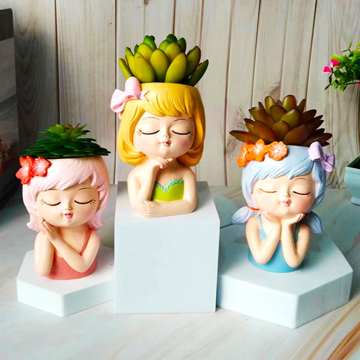 Cute Head Planter Pot Resin Succulent Planter Little Girl Flower Pot, Human Face Cactus Plants Container Bonsai Holder Thumb Pot Fairy Figurine Statue Planters with Drainage Decor Gift (Pink)