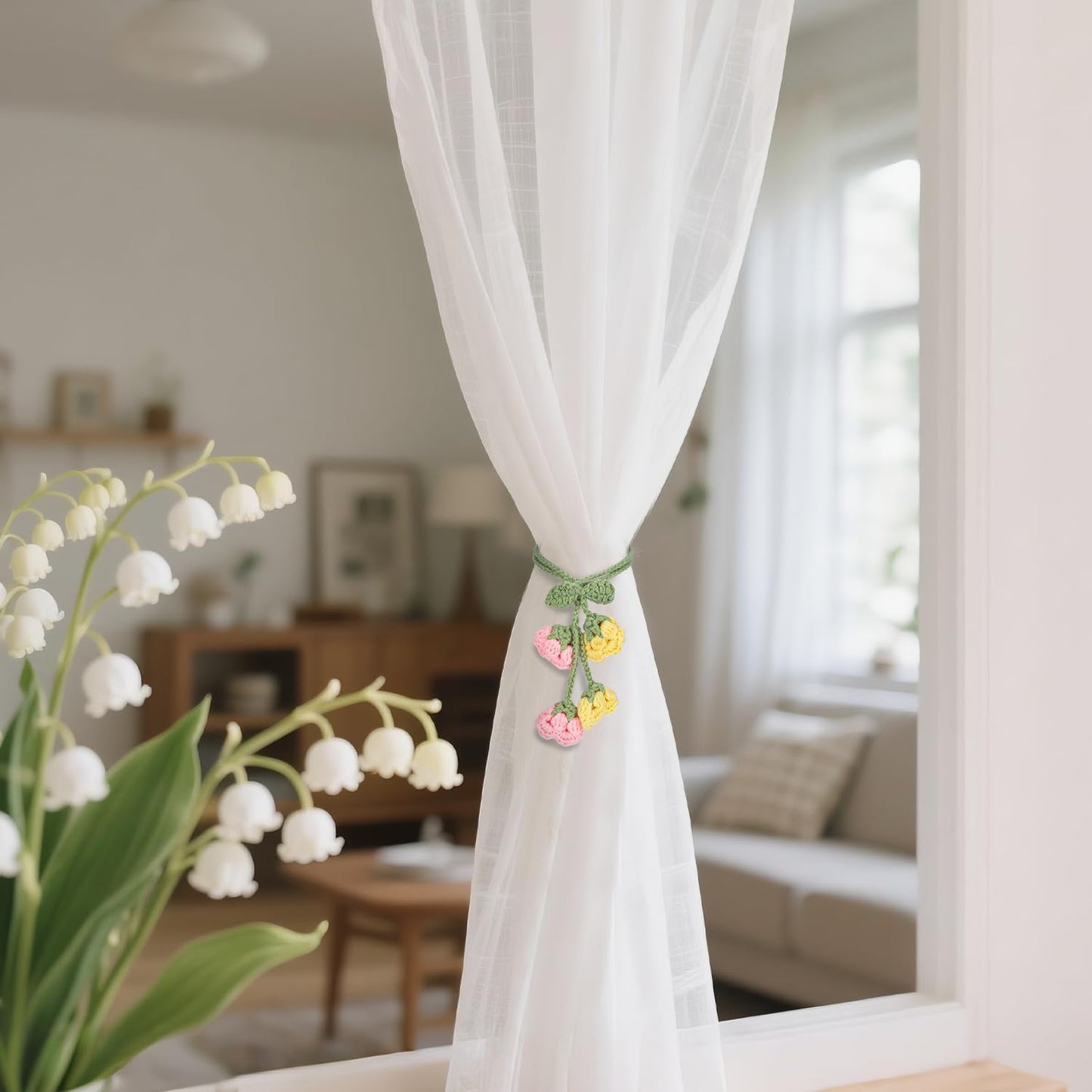 Flower Curtain Tiebacks, 4pcs Lily-of-The-Valley Curtains Holdbacks, Cute Curtain Holdbacks - No Drill Rope Holder, Drape Knitting Handmade for Nursery&Children's Room Decor (Pinkish/Yellow)